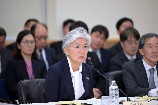 강경화 주미 대사가 12일(현지시간) 워싱턴DC에서 열린 국회 외교통일위원회 국정감사에서 발언하고 있다. 주미 한국대사관 제공