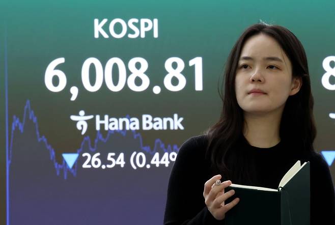코스피가 6거래일 연속 하락 마감한 14일 오후 서울 중구 하나은행 본점 딜링룸 현황판에 전장대비 26.54포인트(0.44%) 하락한 6,008.81을 나타내고 있다. 2026.10.14/뉴스1