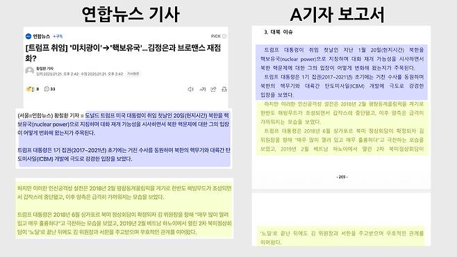 A기자 보고서 '대북 이슈' 부분에, 연합뉴스 기사 본문이 그대로 짜깁기 되어 있다.