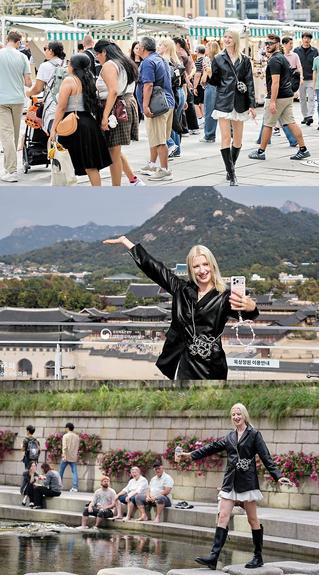 한국에서 활동하는 헝가리 출신 패션 모델 사보 가브리엘라 마리아(26)가 광화문 광장(위 사진), 대한민국역사박물관 옥상 정원(가운데), 청계천을 다니는 모습./임지훈 기자