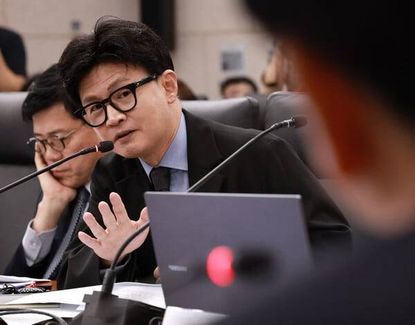 한동훈 무소속 의원이 지난 7일 서울 종로구 통일부 남북회담본부에서 열린 국회 외교통일위원회의 통일부 등에 대한 국정감사에서 정동영 장관에게 질의하고 있다. /뉴스1