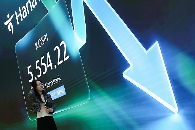 지난 15일 코스피는 전장 대비 454.59포인트(7.57%) 하락하며 5554.22로 마감했다. 이날 오후 서울 중구 하나은행 본점 딜링룸에 종가가 표시되고 있다. 우상조 기자