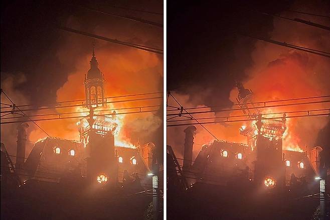 지난 17일(현지시간) 프랑스 중부 오트비엔주 리모주에서 시위대 방화로 1883년 지어진 시청 건물이 불타 무너지는 모습. 교육 환경 개선을 요구하며 수 주간 이어진 청년들의 시위가 치솟는 생활비와 연료 가격에 항의하는 전국적인 반정부 시위로 확산했다. 이날 프랑스 1750개 지역에서 당국 추산 50만 명이 시위에 참여했다. 로이터=연합뉴스