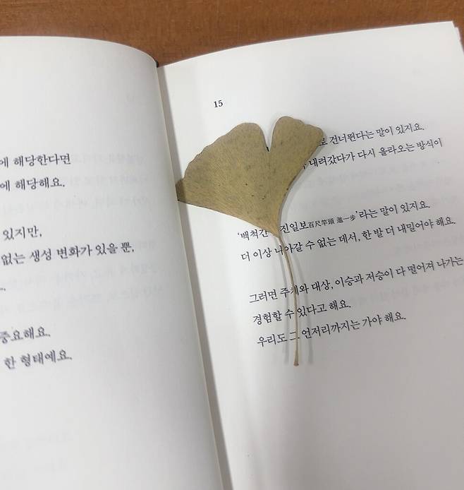 도서관에서 책을 읽다가 은행잎 한 장을 발견했습니다. 누가 끼워두었는지, 무슨 사연이 있는지는 모릅니다. 다 알지 못해도 글을 쓸 수 있다고 주장한 참이지만, 남의 이야기는 역시 궁금하네요. 2026년 10월 경희대 중앙도서관에서. 박은지 제공