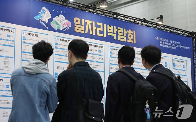 20일 경기 수원시 영통구 수원컨벤션센터에서 열린 '2026 수원시 일자리박람회'에서 구직자들이 채용게시판을 살펴보고 있다. 2026.10.20 ⓒ 뉴스1 김영운 기자