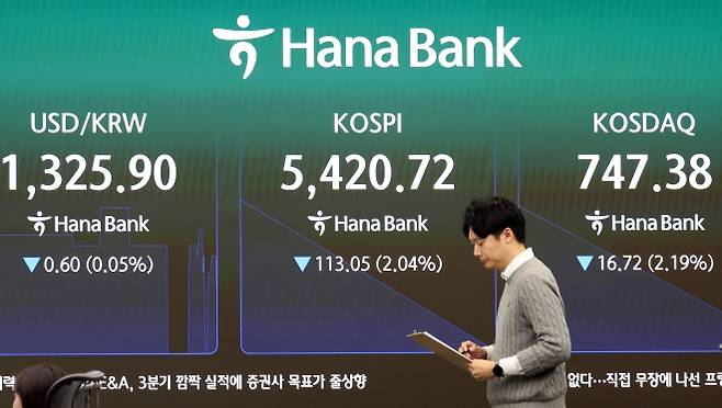 코스피·코스닥 동반 하락 출발 - 23일 오전 서울 중구 하나은행 딜링룸 전광판에 장 초반 코스피 지수 등 시황이 표시되고 있다. 이날 코스피는 전장보다 130.60포인트(2.36%) 내린 5403.17, 코스닥은 15.78포인트(2.07%) 내린 748.32로 출발했다. 2026.10.23 뉴스1