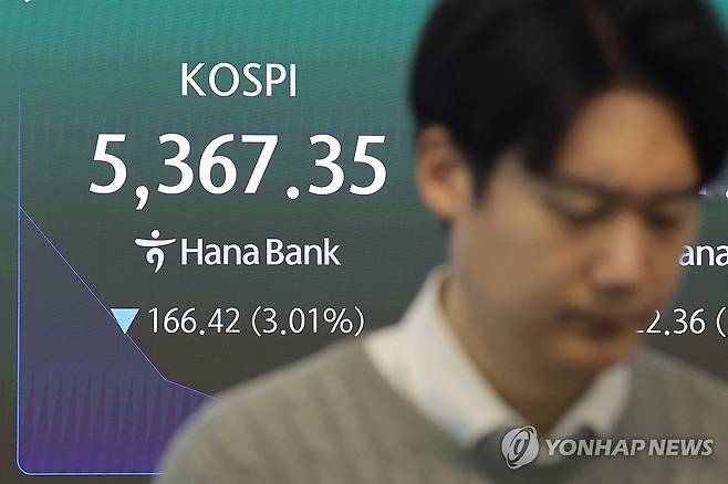 코스피, 오늘도 하락 (서울=연합뉴스) 서대연 기자 = 23일 서울 중구 하나은행 본점 딜링룸 현황판에 원/달러 환율, 코스피, 코스닥 지수가 표시돼 있다.
이날 코스피는 전 거래일 대비 130.60포인트(2.36%) 내린 5,403.17로 출발했다. 2026.10.23 dwise@yna.co.kr