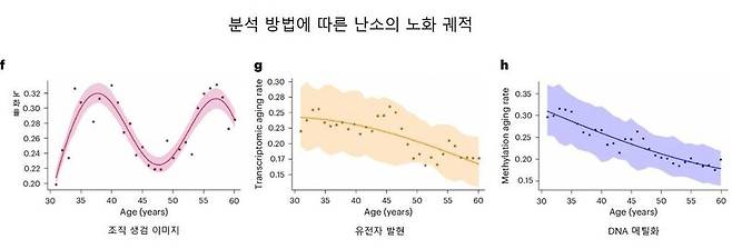 왼쪽부터 조직 생검 이미지, 유전자 발현, DNA 메틸화로 본 난소의 노화 궤적. 조직 형태적 특징을 활용하는 생검 이미지는 난소 노화에 따른 가임력 저하와 폐경 시기를 정확히 포착해낸 반면, 기존의 유전자 발현 및 DNA 메틸화 분석 방식은 이런 구조 변화를 읽어내지 못했다. 네이처 에이징