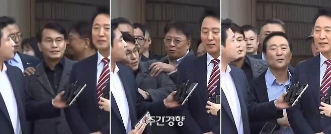 23일 오세훈 서울시장의 항소심 무죄 선고 직후 서울고등법원 앞에서 벌어진 ‘옆자리 경쟁’. 처음에는 윤상현 국민의힘 의원이 오 시장 바로 옆에 서 있었다(왼쪽). 장진영 국민의힘 서울 동작갑 당협위원장이 윤 의원의 어깨에 손을 얹어 밀어내고 앞으로 나서자 윤 의원이 버티지 못하고 옆으로 비켜난다(가운데). 그 실랑이를 비집고 뒤쪽에 있던 강요식 전 서울디지털재단 이사장이 앞으로 나와 오 시장 옆에 자리를 잡는다(오른쪽). 소셜미디어 영상 갈무리.